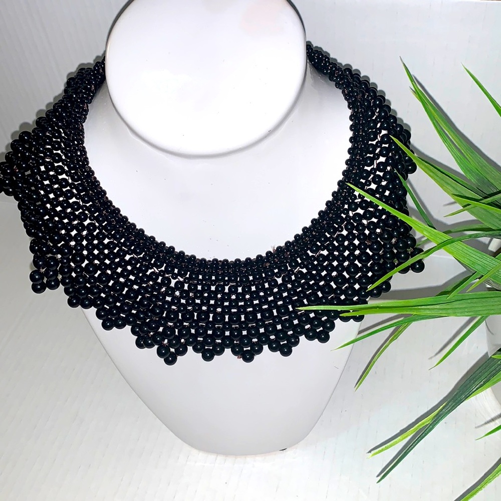Black Beaded Bib Collar Necklace